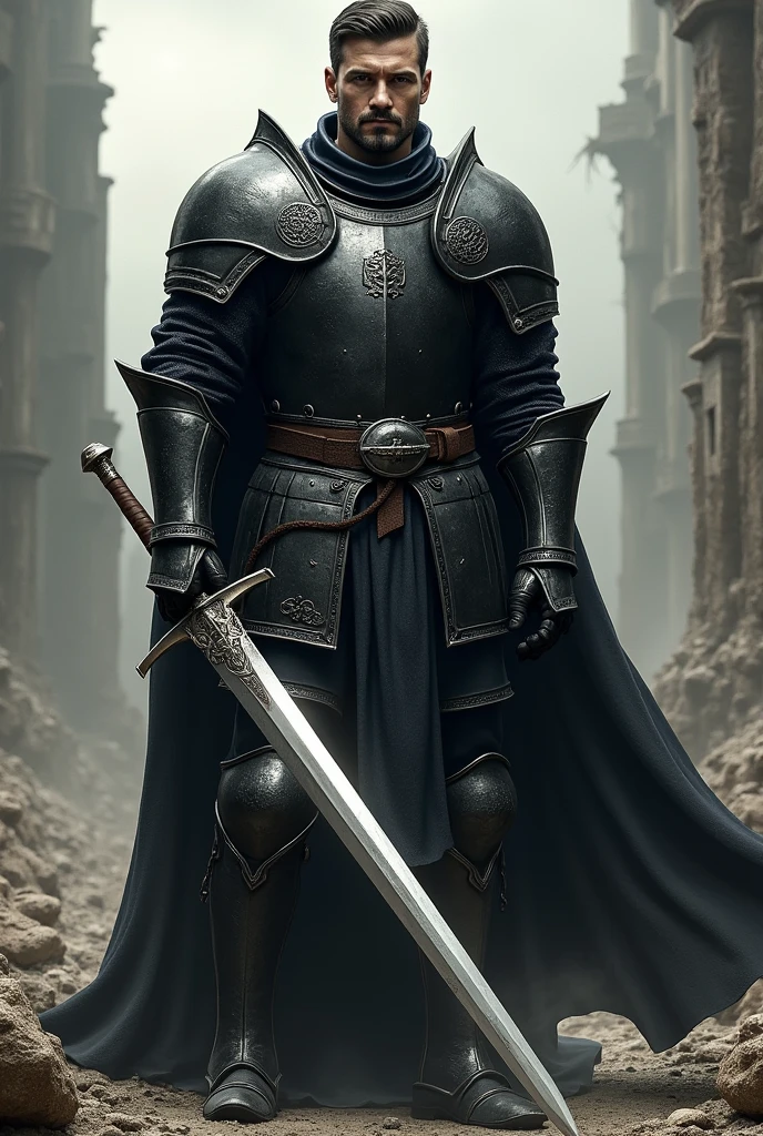 a medieval warrior with black armor and a long sword, with short hair and wearing a mustache and the ruined landscape behind him