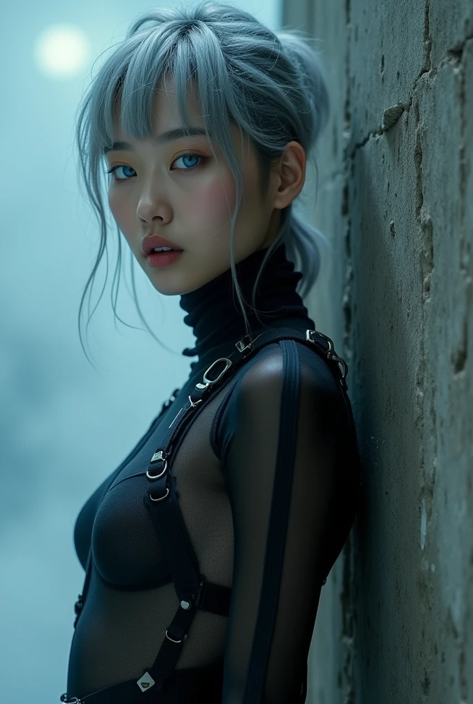 (nsfw:1.2), masterpiece, Best Quality, Realistic, A mysterious and sophisticated young woman with blue eyes wears futuristic and sexy fashion art. 18-years-old, sexy Japanese girl is climbing at a wide angle, with her full body in frame. Her outfit includes see-through BLACK gear with multiple elastic silver harnesses designed underneath, adding a minimalist beauty. She accessorizes with futuristic accessories and wears technical sneakers. Her demeanor exudes harmony and striking simplicity, The wear hugs her body tightly, accentuating her curves and digging sensuously into her skin, hyper small head and face, wide Duck mouth, half open mouth, perfectly aligned teeth, perfect beautiful teeth, light blue eyes, half open eyes, shiny Droopy eyes, gray hair, looking other, She is situated within the interior of a futuristic night colony, with mist drifting and steam rising from concrete