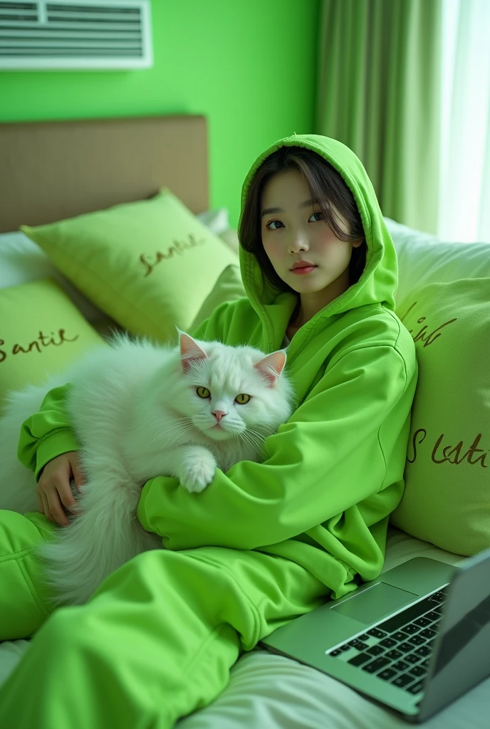 Beautiful Korean girl with white skin. Well-groomed face, sitting pose leaning on a luxurious mattress, pillows and bolsters bearing the Santi name logo, wearing a highlighter green hijab, highlighter green hoodie. highlighter green cargo pants, hugging a large Angora cat, there is air conditioning in the room, iPhone laptop next to it, luxurious highlighter green room background, real and realistic photos