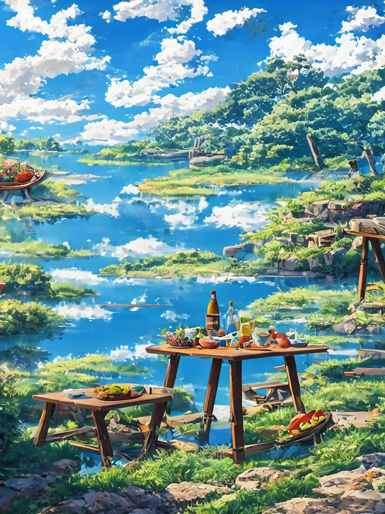 (masterpiece, best quality:1.2), The blue sky，Blue lake，greenery around the lake，On green grass，There is a wooden table，Fruit drinks on the table，Anime rural scenery，Miyazaki style，HD Wallpapers