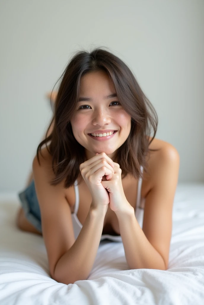 brunette, smile, physique: smallest belly ever, flat chest, skinny face, white wall, no decoration, jean shorts, white shirt, lying on bed, looking smiling at camera