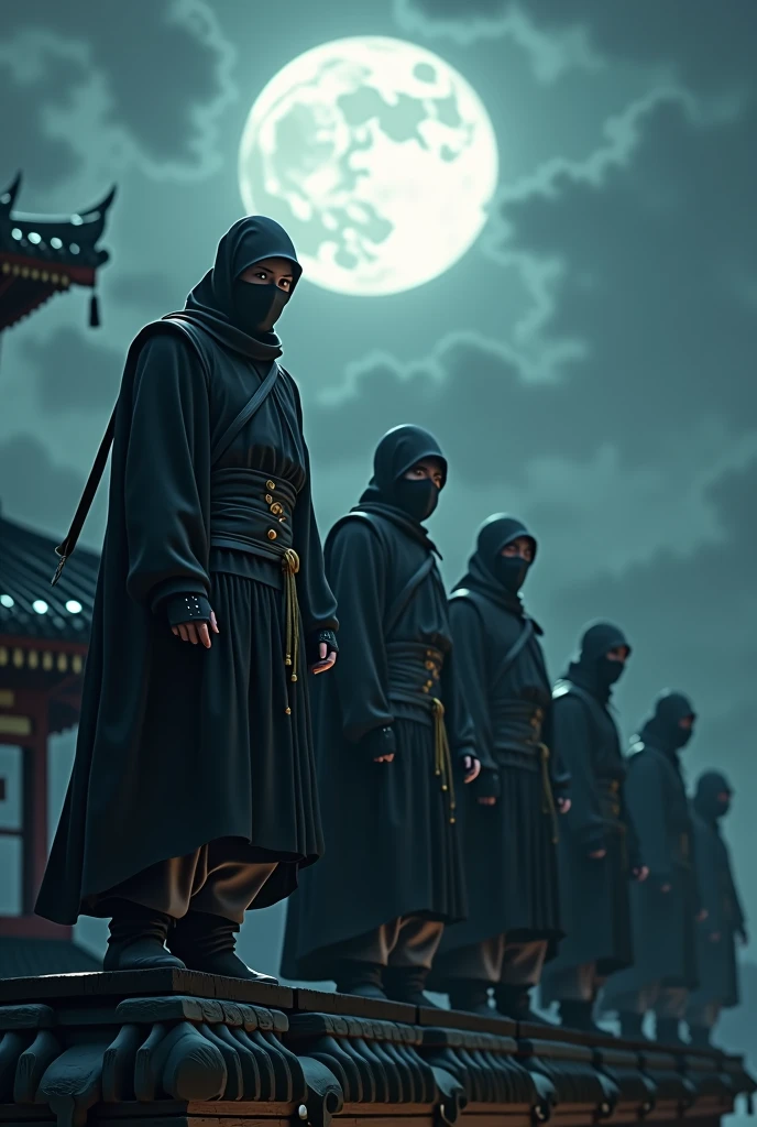 ninja, ten mens, on top of an oriental temple, Full Moon Behind. murderous