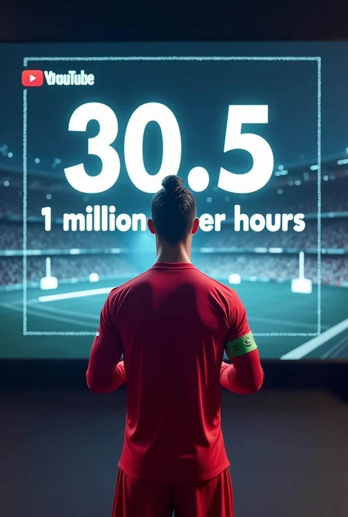Cristiano Ronaldo standing in front of a screen showing his YouTube channel's statistics: 30.5 million subscribers in 30 hours. He looks triumphant, with the number "1 million per hour" prominently displayed on the screen behind him.