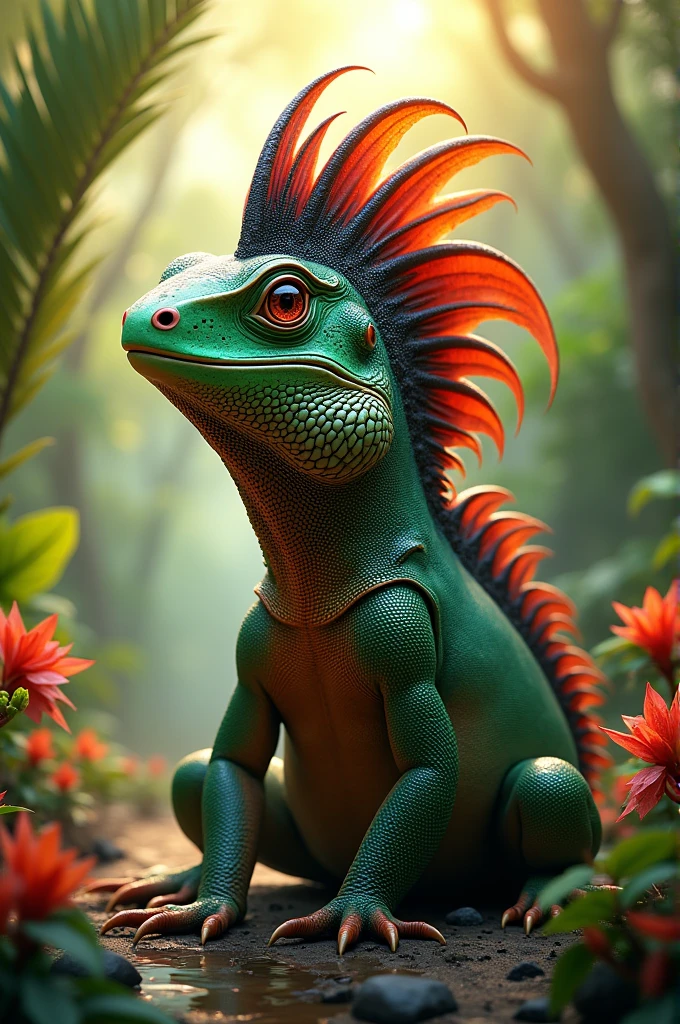 A lizard with a red and black cap 
