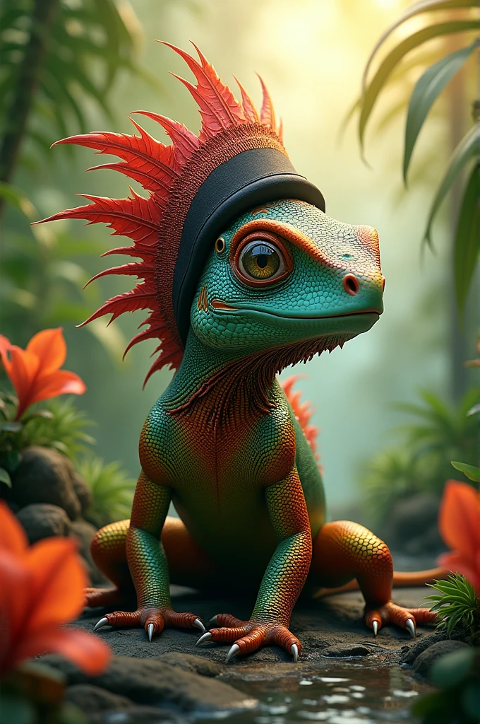 A lizard with a red and black cap