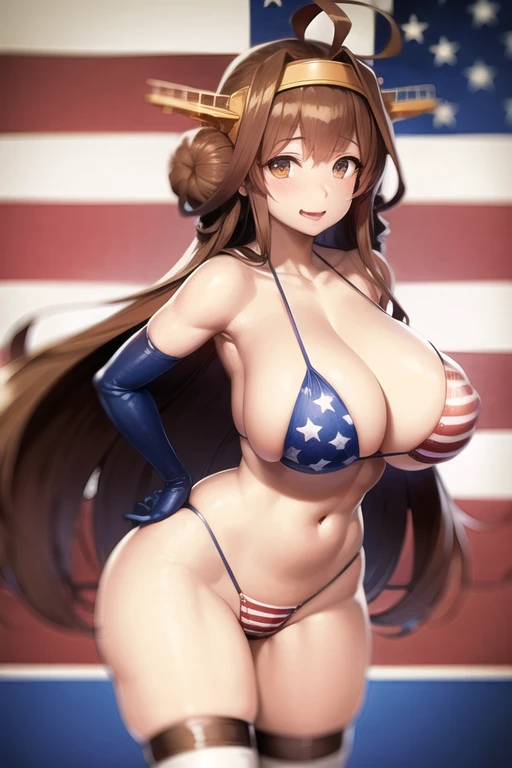 an anime of a cartoon woman with large breasts and bony hips, 1girl, swimsuit, solo, kongou (kancolle), bikini, breasts, flag print, brown hair, gloves, huge breasts, american flag bikini, thighhighs, long hair, hair bun, ahoge, double bun, elbow gloves, headgear