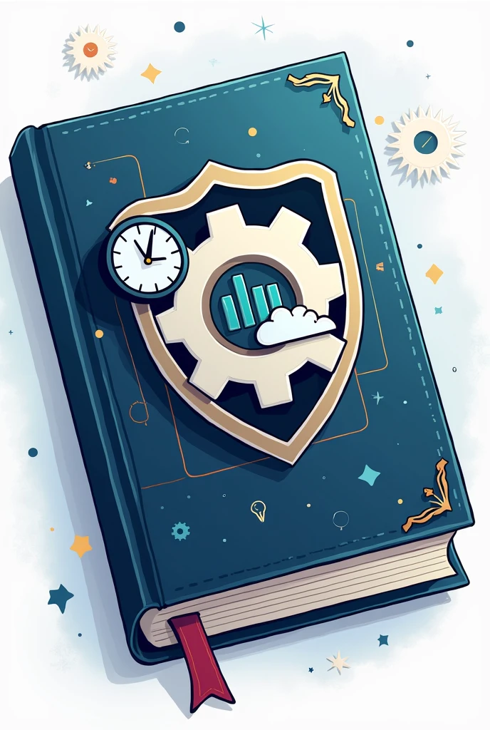 A symbol representing information management. A book that will have a shield on the cover, inside the shield there will be a gear and inside it there will be a bar graph and a cloud with a downward arrow and cutting through the gear there will be a symbol of a clock on the side..