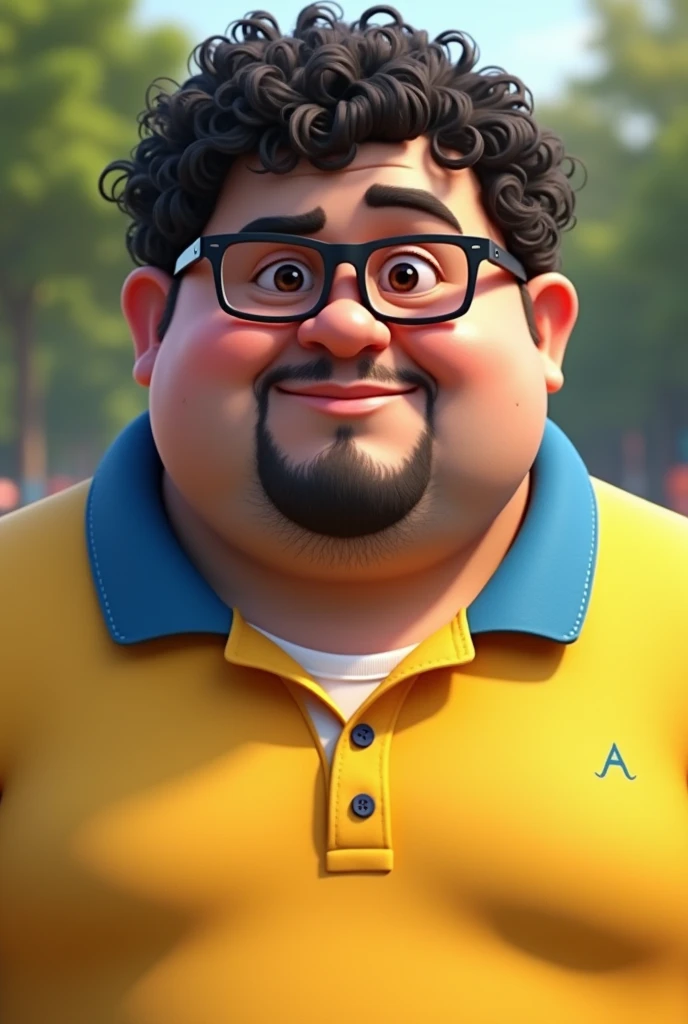 Adult fat young man goatee curly hair small black glasses square round face yellow polo shirt with blue collar