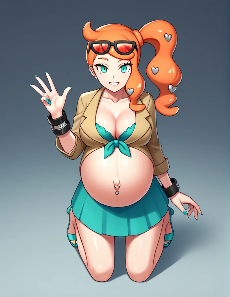 score_9, score_7_up BREAK solo,EPpkSonia,orange hair, side ponytail, aqua eyes, long hair, eyewear on head, sunglasses, heart hair ornament,
high-quality, ultra-detailed, beast quality, 8K resolution, anime style,
pregnant, big Breasts, large belly, Belly button piercing, cleavage, bracelet, collarbone, skirt, nail polish, aqua nails, aqua toenails, Smiling, Heels,
