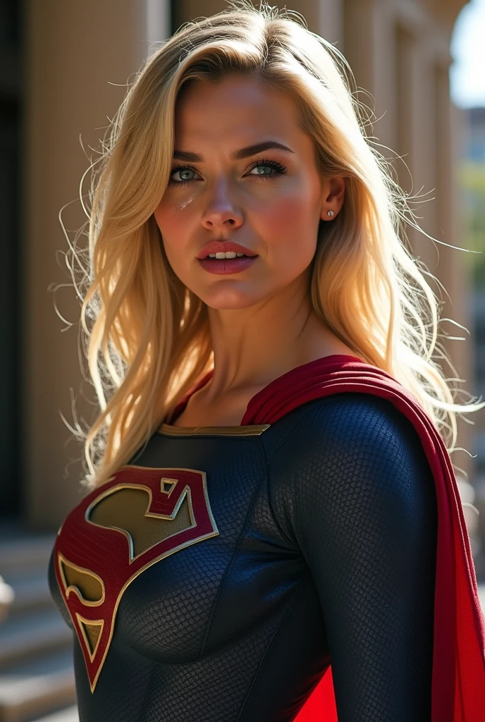 One Girl、Melissa Benoist - SMF、Blonde、Superhero、Long Hair、Beautiful Lips、Exterior Armor、Bodysuits、Red Skirt、Knee-high boots、Red footwear、high quality、High resolution、masterpiece、Sharp focus、Like the picture、RAW Photos、Cinematic lighting、Detailed skin texture、Detailed fabric texture、Beautifully detailed face、Intricate details、Ultra-detailed、Perfect physique、expensive、Focus from the chest up、Wearing a Supergirl costume、乱れたBlonde、Dynamic Action、Look at the viewers、the background is a expensive building、(((You are under attack by an enemy、The costume is in tatters、The skirt is severely torn、I'm injured、Bleeding from the wound、His face is contorted in pain)))、(((Depict the whole body)))