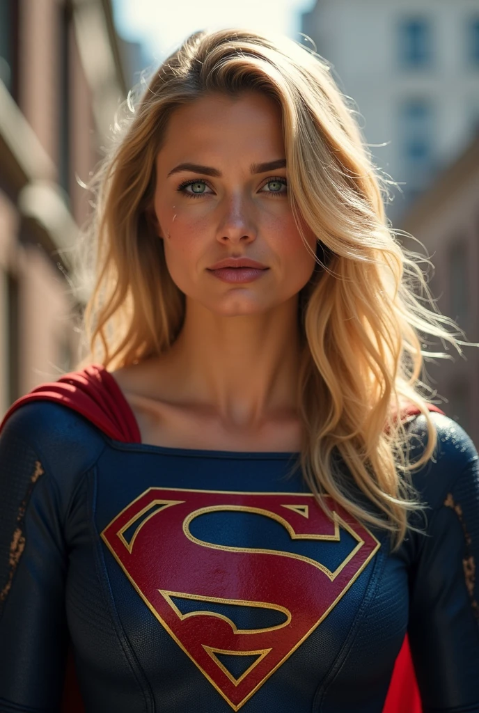 One Girl、Melissa Benoist - SMF、Blonde、Superhero、Long Hair、Beautiful Lips、Exterior Armor、Bodysuits、Red Skirt、Knee-high boots、Red footwear、high quality、High resolution、masterpiece、Sharp focus、Like the picture、RAW Photos、Cinematic lighting、Detailed skin texture、Detailed fabric texture、Beautifully detailed face、Intricate details、Ultra-detailed、Perfect physique、expensive、Focus from the chest up、Wearing a Supergirl costume、乱れたBlonde、Dynamic Action、Look at the viewers、the background is a expensive building、(((You are under attack by an enemy、The costume is in tatters、The skirt is severely torn、I'm injured、Bleeding from the wound、His face is contorted in pain)))、(((Depict the whole body)))