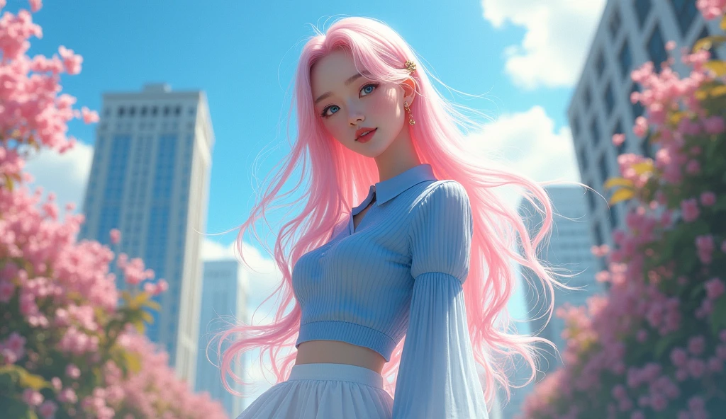 official art, masterpiece, sharp focus, (beautiful gorgeous cute Korean woman:1.3), (beautiful cute korean:1.3), korean beauty, Delicate and beautiful hair and eyes and face, realistic, ultra detailed, beautiful girl, blue sky, glow white particle, (sidelighting:1.2), sun light, white cloud, detailed clouds, slender, Lovely very large breasts and very large hips, smile with teeth, ((smile with eyes, open both eyes)), scenery, long straight hair, sexy facial expression, building, (cityscape:1.7), dynamic hair, long straight hair, detailed platinum pink hair, glow blue eyes, (blue pleated shirts + white skirt), white long socks, pale skin, hair ornament, epic scenery, (8k)