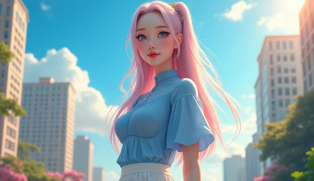 official art, masterpiece, sharp focus, (beautiful gorgeous cute Korean woman:1.3), (beautiful cute korean:1.3), korean beauty, Delicate and beautiful hair and eyes and face, realistic, ultra detailed, beautiful girl, blue sky, glow white particle, (sidelighting:1.2), sun light, white cloud, detailed clouds, slender, Lovely very large breasts and very large hips, smile with teeth, ((smile with eyes, open both eyes)), scenery, long straight hair, sexy facial expression, building, (cityscape:1.7), dynamic hair, long straight hair, detailed platinum pink hair, glow blue eyes, (blue pleated shirts + white skirt), white long socks, pale skin, hair ornament, epic scenery, (8k)