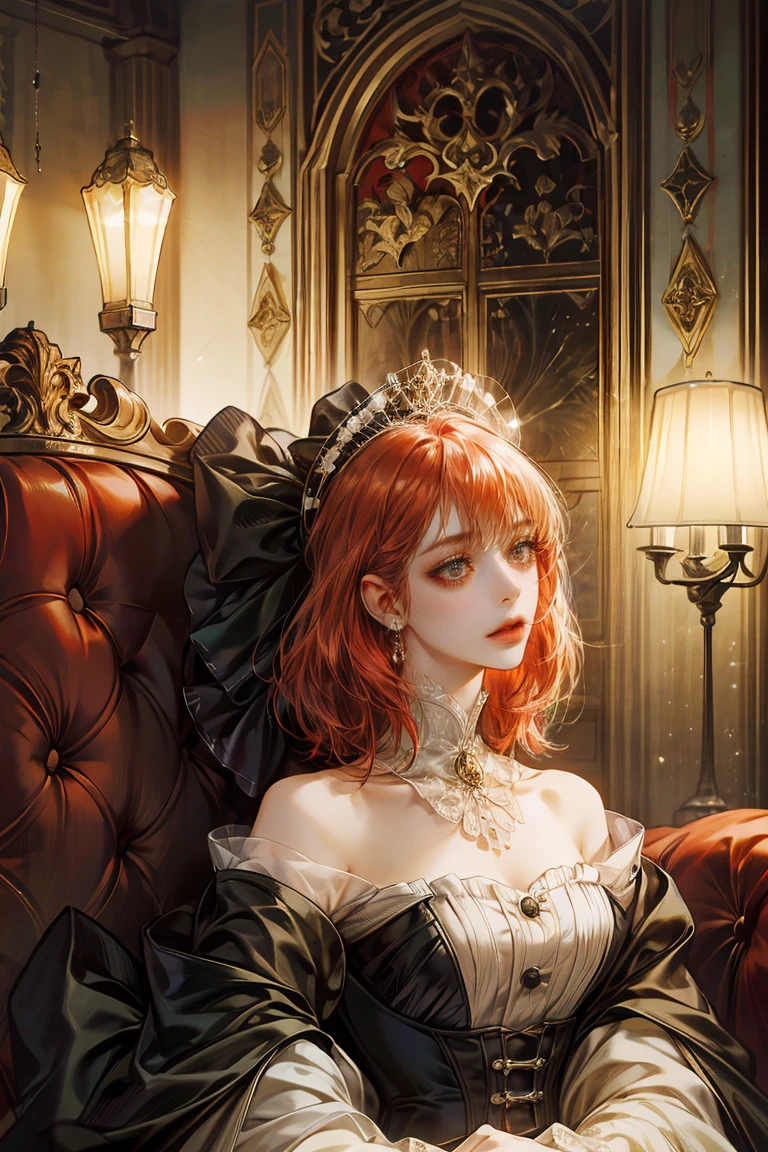 masterpiece, best quality, reality적인, (absurd, high resolution, very detailed), victorian era, 18th century europe, Luxury,ball,Scene Graph, Delicate and meticulous, 8k, reality, dramatic lighting, high quality, complex design, Classic portrait, Enlarged texture, exquisite details, Woman in her 40s, Red hair