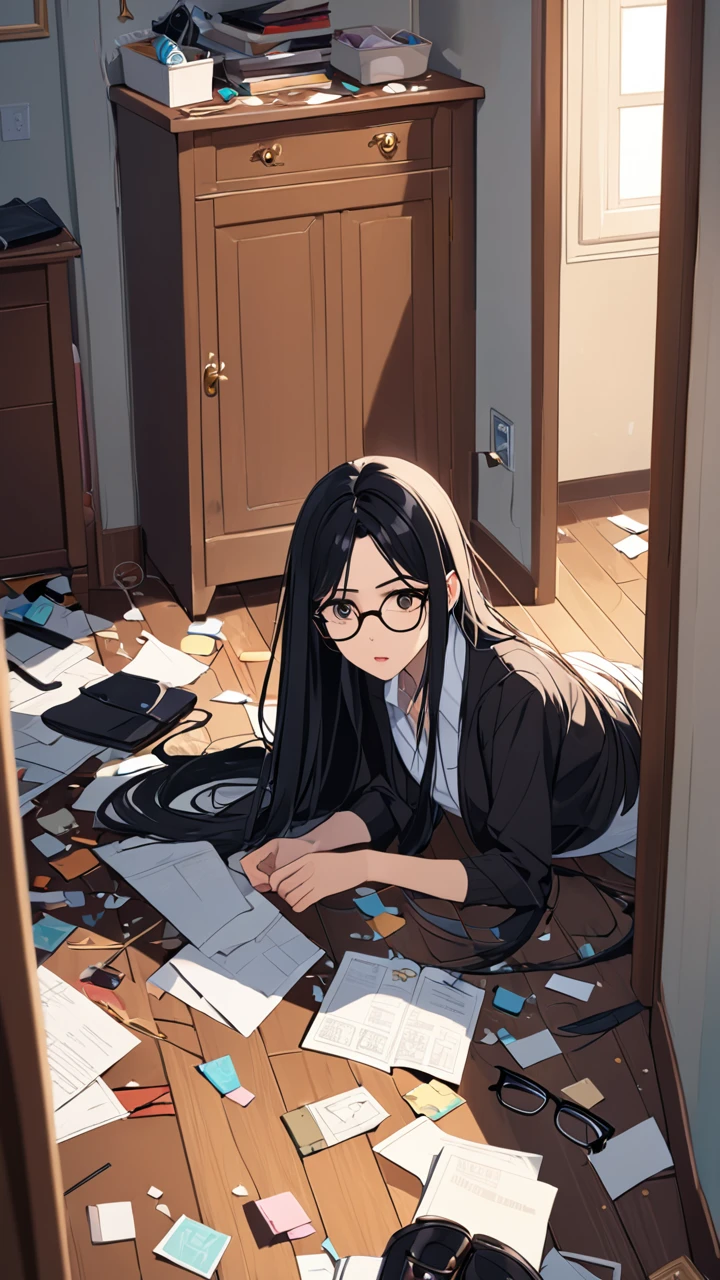 "A young woman with long black hair opened the door to her room and found a mess inside. Her belongings were scattered all over the floor and the door was open. Amidst the mess, a pair of glasses was found on the floor. The young woman with long black hair began to look aware of the unusual event and showed a look of shock and concern as she surveyed the situation."