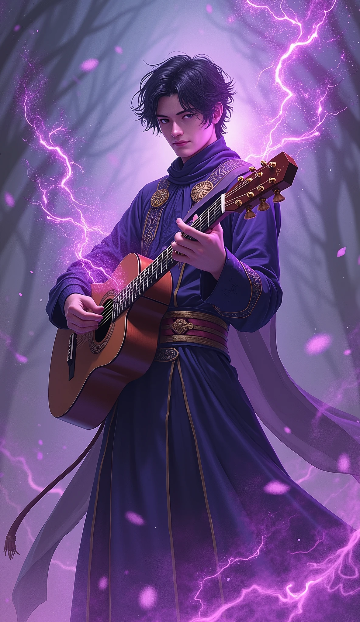 bard and his instrument, helping his team, anime style character, with dark energy that merged with purple creating a new color, full body from head to toe, man