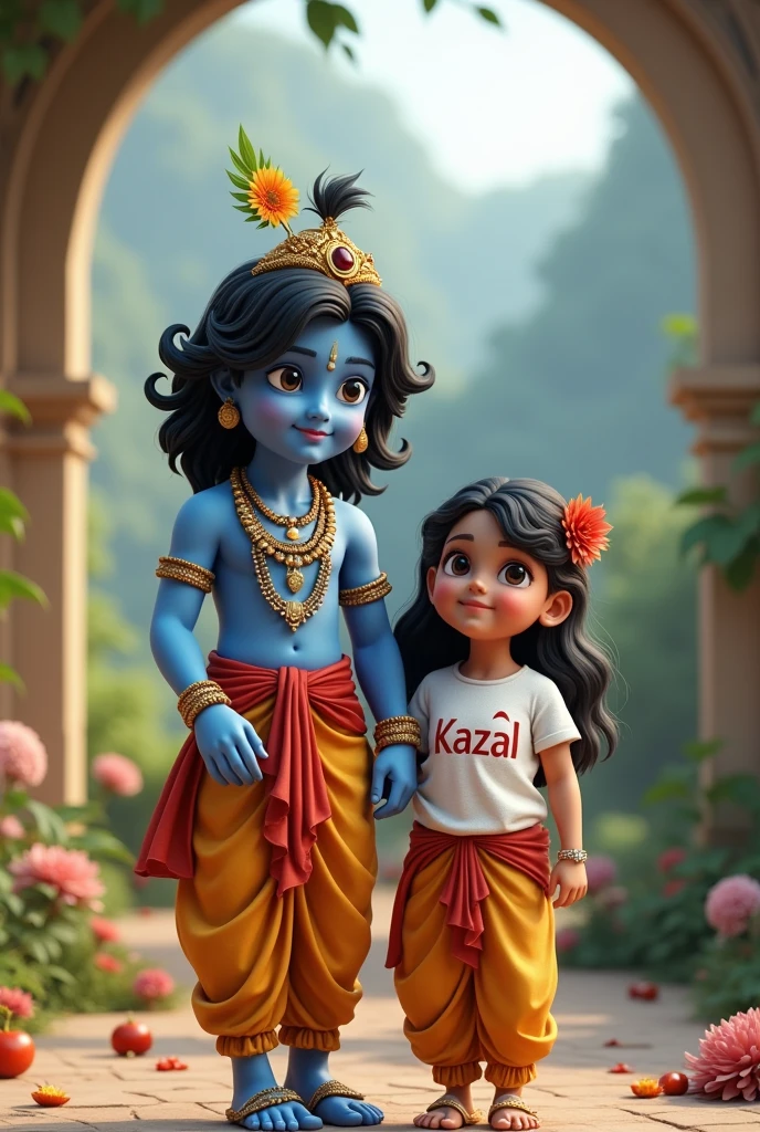 Imagine a 3D realistic image of Lord Krishna with a 1 Indian girl,the girl is wearing white t-shirt with her name "Kazal" written boldly on his top ,The backdrop is beautiful and "HAPPY JANMASHTAMI" written on top.