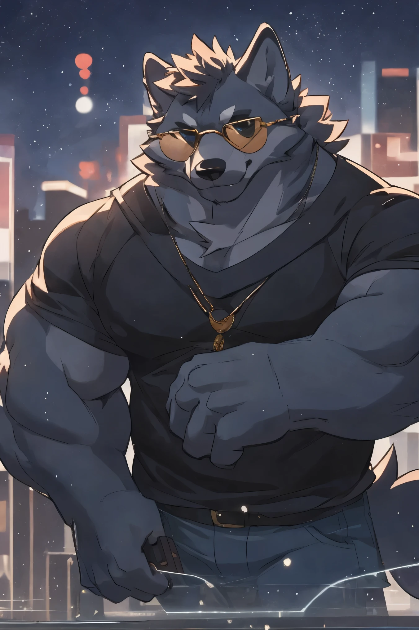 anthro wolf, ((wolf)) 4k, high resolution, best quality, posted on e621, solo, anthro body, male, adult, masculine, correct anatomy, (icon), (blurry background, out-of-focus background:1.2), (by takemoto arashi:1.0), (by wfa:1), (by Taran Fiddler:0.5), an agent, (cel shaded, cartoony shading:1.2), ultra detailed face, high details, good eyes, balanced eyes, anime eyes, right eye is similar to the left eye, black lineart, black outline, flat coloring, (strong shadows, dark shadows:1.2), wearing black sun glasses ((cold color)), holding a pistol, cyber city at night, (fullbody), center, first person perspective.
