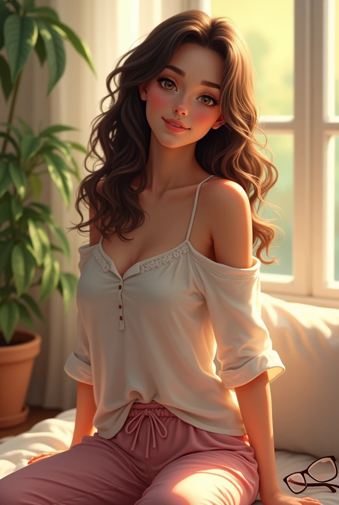 beautiful woman, wearing loose off-shoulder top, pajama pants, long curly hair, indoors, soft lighting, plants in background, window with sunlight, cozy room, relaxed pose, realistic, intricate details, warm colors, eyeglass, pony tail, cute teeth.