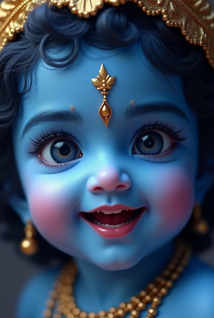 (photorealism:1.2), beautiful realistic image of lord krishna ,subtle blue face, realistic peacock feather in his hair,soft lighting, plants in background,  realistic, intricate details, warm color, young lord krishna, mischievous smile, flute,  hazel eyes, closeup picture 