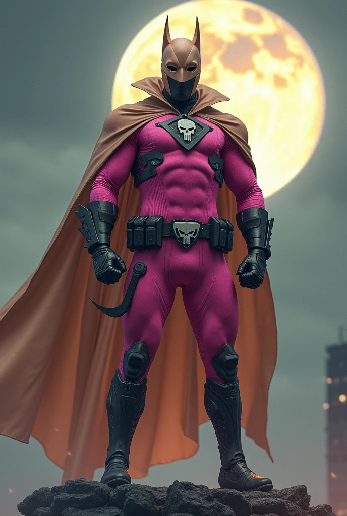high-tech suit, vivid effects, malaysian superhero (KELUANG MAN) in a striking pink and beige costume cyberpunk design, mask small mini bat ear beige, daredevil biage mask, jumpsuit dark pink stands confidently in a dramatic, stormy landscape. ((Head covered node guard like batman , athletic body type, small mini ear bat mask))The character wears domino mask a helmet with pointed mini torn ears and a flowing cape biege, open nose and mouth. Equipped with visible futuristic weapons on a belt,bullet proof jacket pink dark day,, metal suit.steel suit dark night, big supermoon effect .logo on chest triangle shape small punisher logo center triangle cyber logo center on chest pink logo mini logo . rocky. Building top. , adding to --ar 3:4 --style raw --stylize 500 --v 6.1
