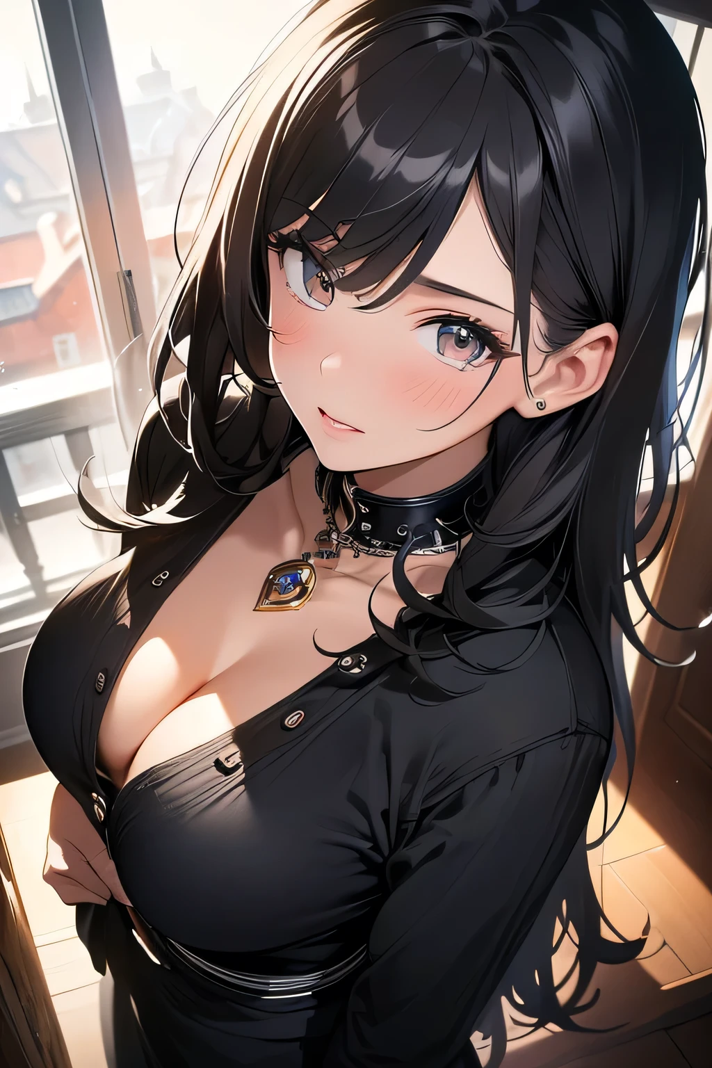 (masterpiece, Best quality, ultra detailed, a high resolution, 4K),(beautiful detailed eyes),(very detailed face),(1 girl),HDR,Long voluminous black hair, clothes short black color sexy pose