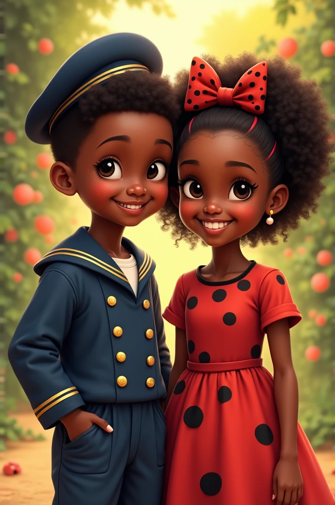 black child in sailor outfit and black child in ladybug dress