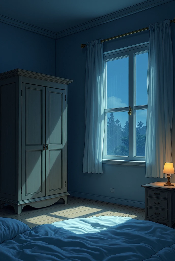 Horizontal illustration of a bedroom at night with a half-open wardrobe and a window with a fluttering curtain