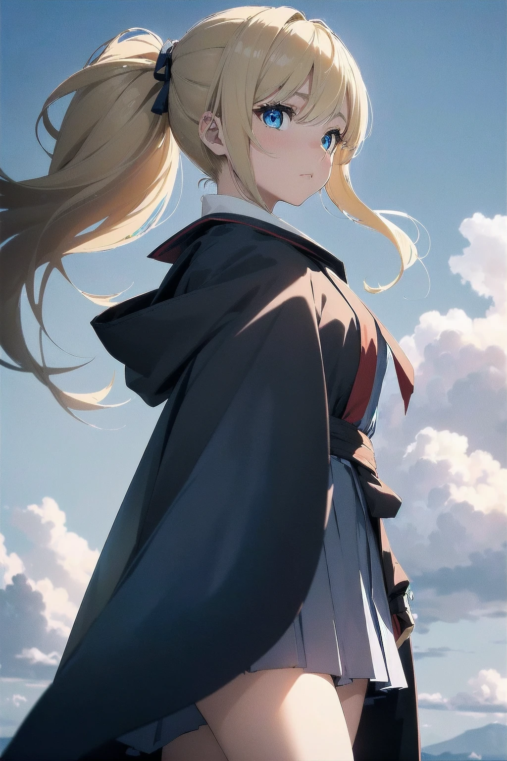(masterpiece), (best quality), (ultra-detailed), (highres), (A digital illustration of a young girl with blonde hair styled in two bun ponytails) (She is wearing a Japanese school uniform with a navy blue skirt and white sailor-style top) (Over the uniform, she wears a flowing black cloak with a dark red interior, the cloak billowing slightly in the wind) (Her face shows a cautious, wary expression, with her eyes wide and focused) ((expressive eyes::1.5)), ((sharp details::1.5)) (She stands against a vast, open sky, filled with soft clouds and a deep blue horizon) (The sky is detailed with a gradient from light blue at the horizon to a darker blue as it stretches upward, giving a sense of depth and openness) (Her hair and cloak move slightly as if caught in a gentle breeze) ((accurate anatomy)), (proportional limbs), (dynamic pose), (natural shadows), (soft lighting)