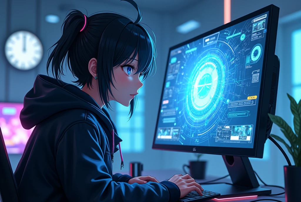 An anime character streaming in front of a computer. The computer has a cyberpunk design. The anime character has black hair and is wearing cyberpunk clothing. The anime character is staring at the computer.