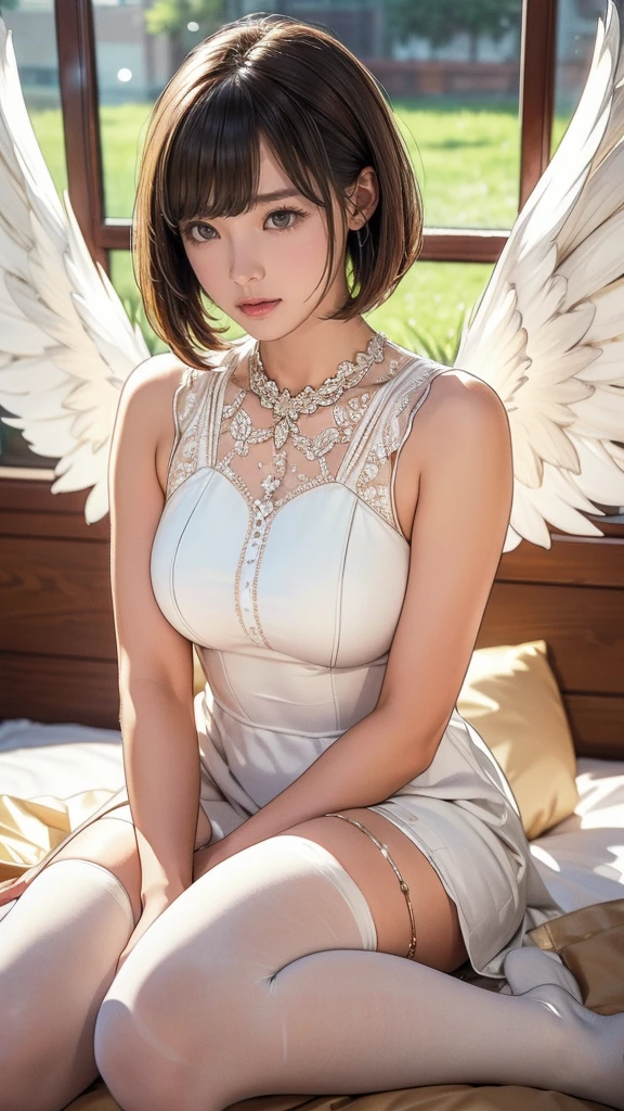 Mikasa, 19 year old young woman, as an angel, Best quality, High resolution, Short hair, Black eyes, see viewer, angel wings, beautiful, naked to visible nipples, wearing Choker Necklace Bondage, Highest quality, high resolution