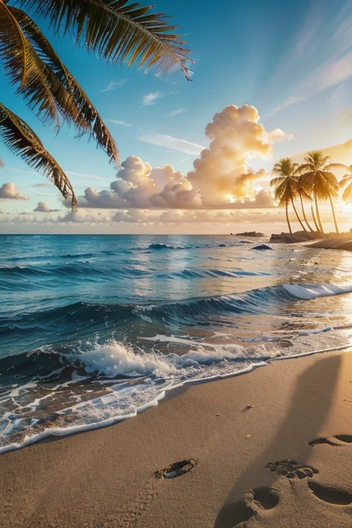 detailed seascape, calm ocean waves, sandy beach, palm trees, blue sky with clouds, golden sunlight, peaceful atmosphere, cinematic angle, vibrant colors, photorealistic, 8k, best quality, masterpiece, highly detailed, hyper-realistic
