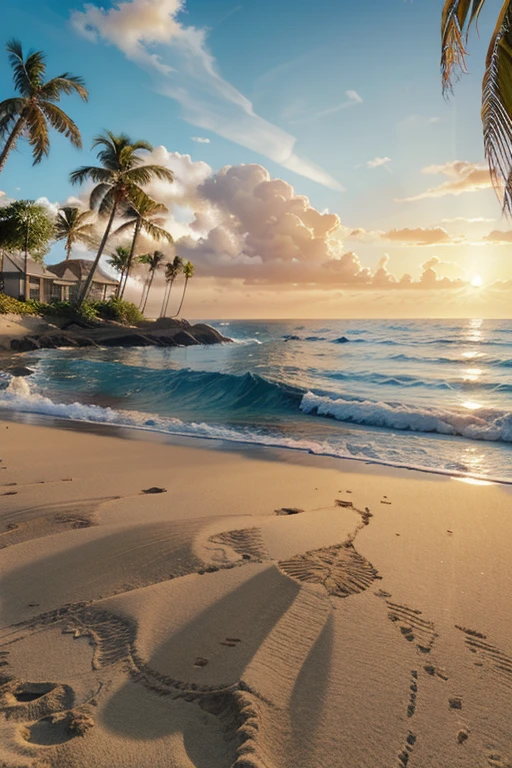 detailed seascape, calm ocean waves, sandy beach, palm trees, blue sky with clouds, golden sunlight, peaceful atmosphere, cinematic angle, vibrant colors, photorealistic, 8k, best quality, masterpiece, highly detailed, hyper-realistic