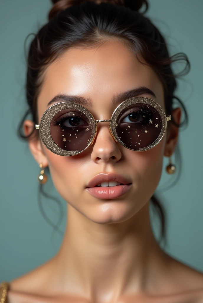 The model is wearing glass sunglasses with stars and the moon on the glass