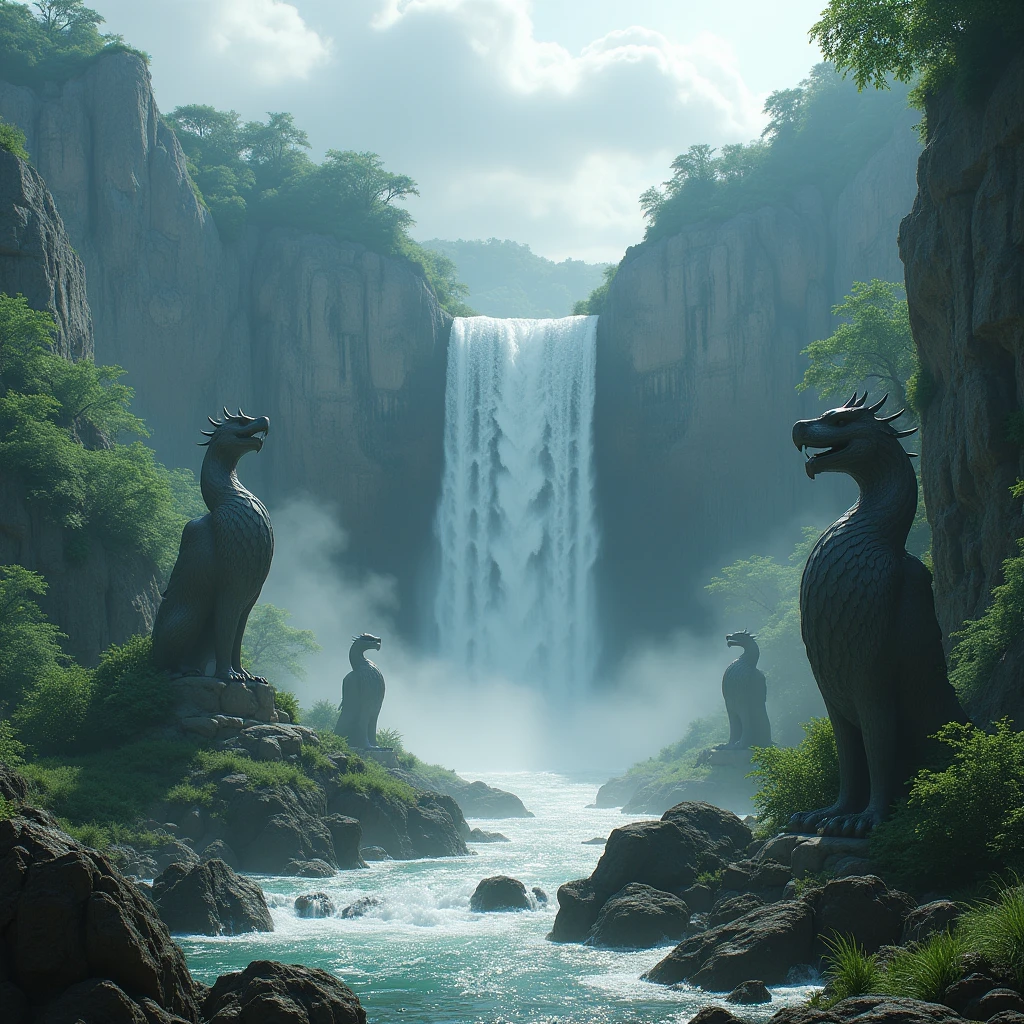 Make me an ultra realistic image. Make the valley of the end, a waterfall in the center. Make several wyvern statues in this valley, some even destroyed.