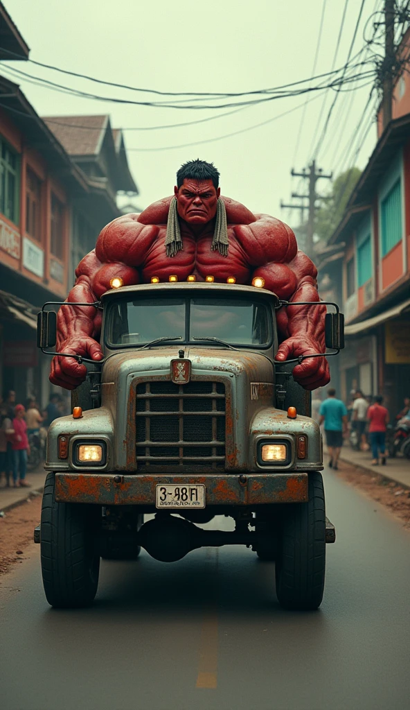 Portrait of Red Hulk as Indonesian People, wearing towel in neck, Driving inside a truck, background Indonesian street, setting years 1990, overcast light, film grain, nostalgic mood