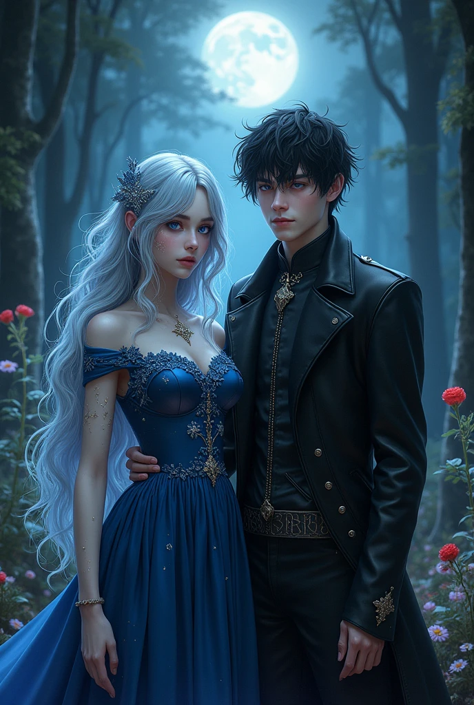 The protagonist with long, wavy hair, with silver locks that shine under the moonlight. Hair looks almost ethereal, as if floating lightly, the eyes a deep shade of blue, like a night sky, with small silver sparks that resemble stars. They have a hypnotic glow, almost as if they reflected the moonlight. Furthermore, the pupil is slightly elongated, giving a mysterious and predatory touch, like a vampire&#39;s. This combination conveys both her enchanted wisdom and a certain seductive and enigmatic air..
the skin is pale with a slight glow reminiscent of nighttime luminescence. Small constellation markings can adorn your arms and face, wearing a long, flowing dress, made of a fabric that appears to change color between deep blue and black, with silver embroidery could be in the center, com um olhar intenso, holding a magical artifact. 
Beside her is her brother with short, messy hair., with a dark tone that reflects a bluish glow under the moonlight. He has a rebellious and mysterious appearance.
Eyes An intense red, almost mesmerizing, that shines at night. They have a piercing gaze, capable of causing fascination.
Skin also pale, but with a colder touch, almost translucent. Veins may be slightly visible beneath the surface.
Clothing A fitted black shirt with leather details and dark pants. A long coat, elegant and structured, which gives a majestic and threatening air.
Accessories A silver chain around the neck and large rings that look like they&#39;re made of brushed steel.
 He is looking at the background where there are several shadows that represent the antagonists in the fog., with a threatening aura, A setting that mixes elements of nature and magic, like an enchanted forest with tall trees and bright flowers, but also with sinister shadows that suggest danger. runes that represent both blood (like drops or marks) as the charms (como estrelas)