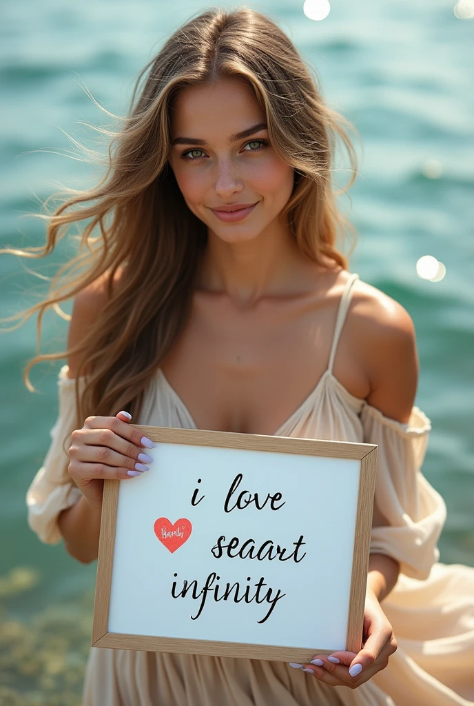 Beautiful girl with wavy long hair, bohemian dress, holding a white board with text "I Love Seaart Infinity" and showing it to the viewer