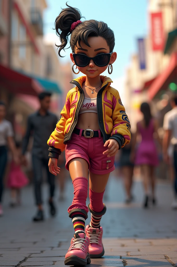 Short woman, fea, with dark glasses, dressed as Karol G's avatar in Fortnite, being believed and walking around