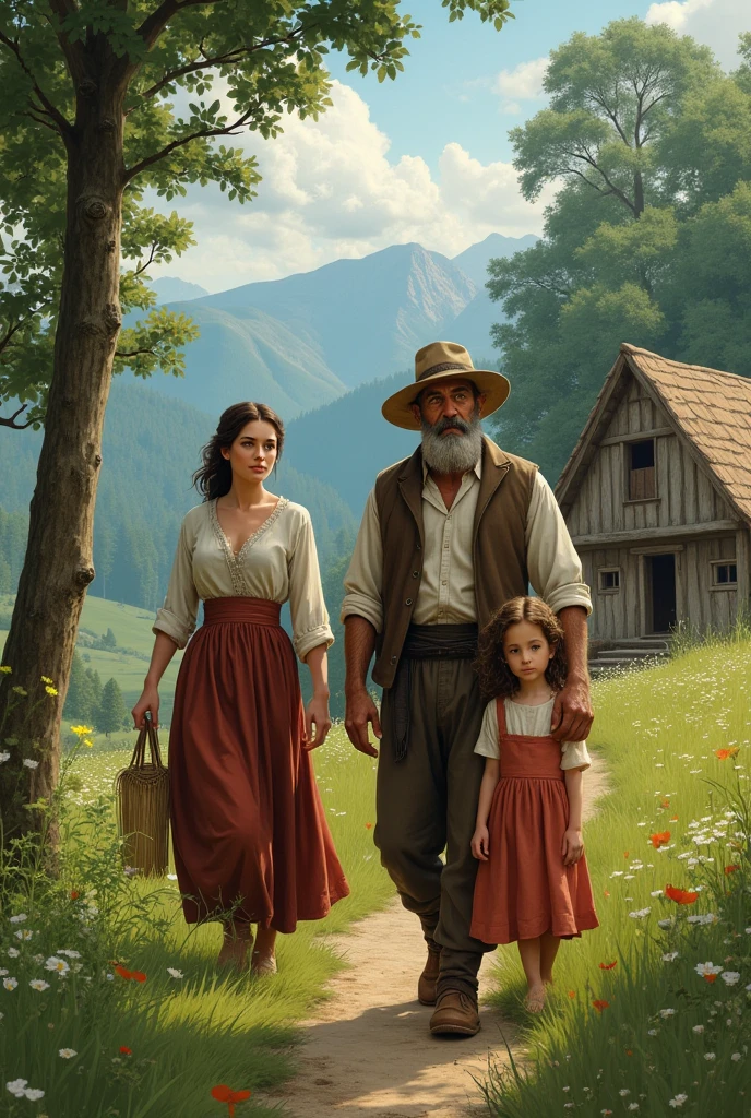 A Long time ago. There is a poor farmer lived with her wife and daughter she was pretty beautiful , 2
There is a green valley and trees behind.