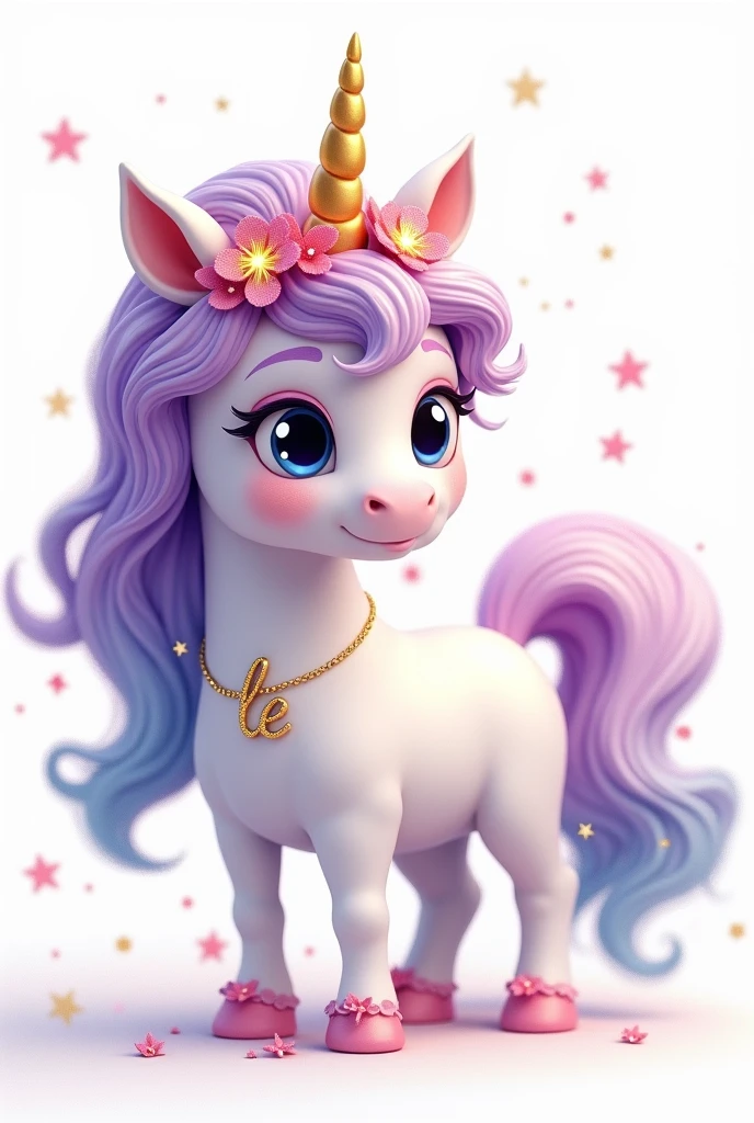 a white unicorn standing looking to the side, cute Disney Pixar style, cute face, O Unicórnio is on its side and standing looking sideways forward , showing all the unicorn, Loose, voluminous, flowing curly hair in lilac colors, Pink, yellow, Unripe, cerúleo, putridity, Unripe, hair and mane with all the colors of the rainbow, with a predominant strong lilac, em volta do cabelo pequenas flores Pinks forte com folhas Unripes e também estrelas, Dedicated gold chain with pendant and inside the pendant the delicate capital letters LE on the neck, Unripes eyes and the unicorn sparkles with some sparkles, Feema unicorn white background, Flying hair, very voluminous, golden tiara on delicate head white background and unicorn stands out from the background, O Unicórnio has sparkling sparkles in its hair, The Unicorn is fuller, The face of the little god, strong lilac hair with blue bangs, Pink, yellow, Unripe the opaque background png