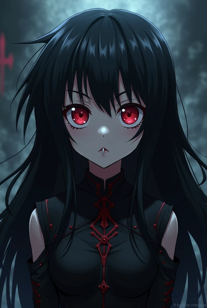 anime with spiky black long hair and eye red,her clothes is black with
She has a vampyre tooth and she's personality agressive
