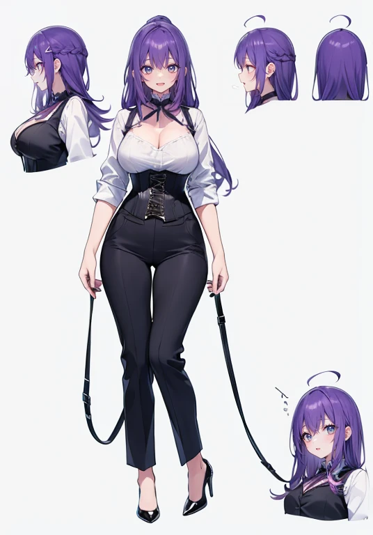 Purple Hair,Long Hair,Adult female,((Body Harness)),((Roll up your sleeves)),(corset),(slacks),(High heels),Heels are visible,((Simple Background)),smile,((whole body)),((whole body)),Character Sheet,