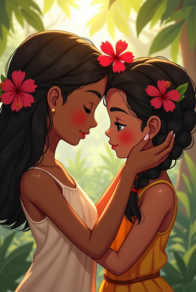 a brown girl with a hibiscus in her hair putting a hibiscus in her friends hair