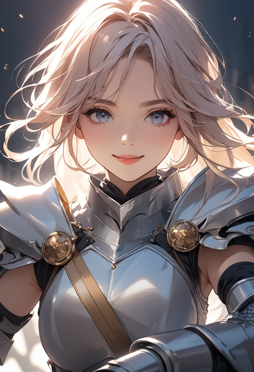 (masterpiece:1.5),(Beat quality),(high res),1girl solo,beautiful face,smile,upper body,knight woman,Holding a sword