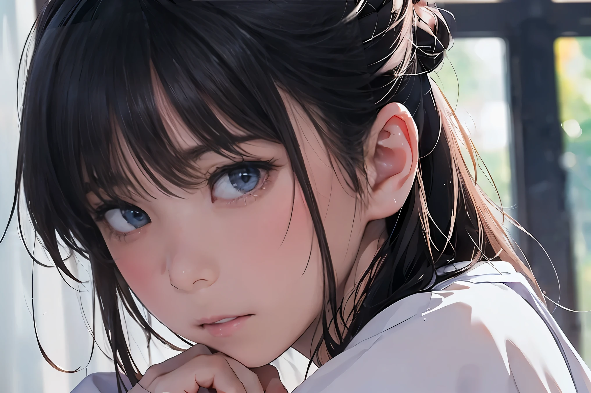 masterpiece, best quality, extremely detailed, (realistic, photo realistic:1.2), high resolution, RAW photo, 8k, Asian girl, 18yo, side bun,slender、(embarrassed,blush:1.3), ,(steam:0.8),(wet:0.8),(sweat:0.8),(trembling:1.3) ,(parted lips:1.3),(harf open eyes:1.4),(feeling weak:1.5)