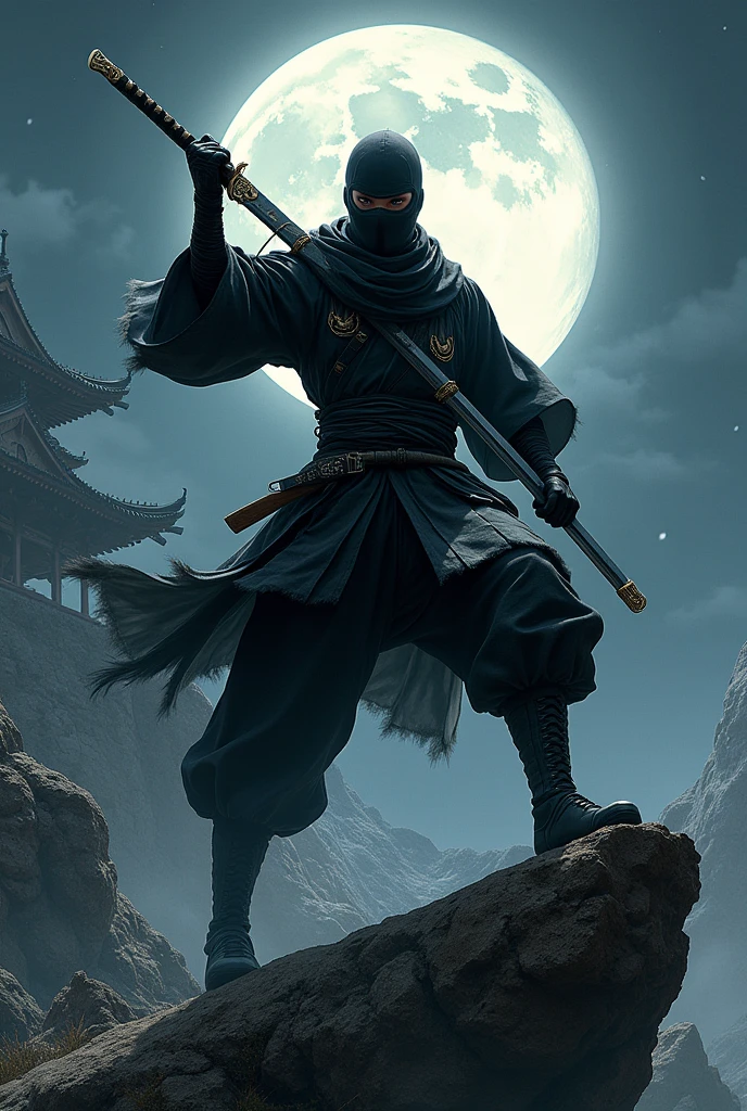 A Ninja on top of a temple ready to jump with a wakisashi in his hand.