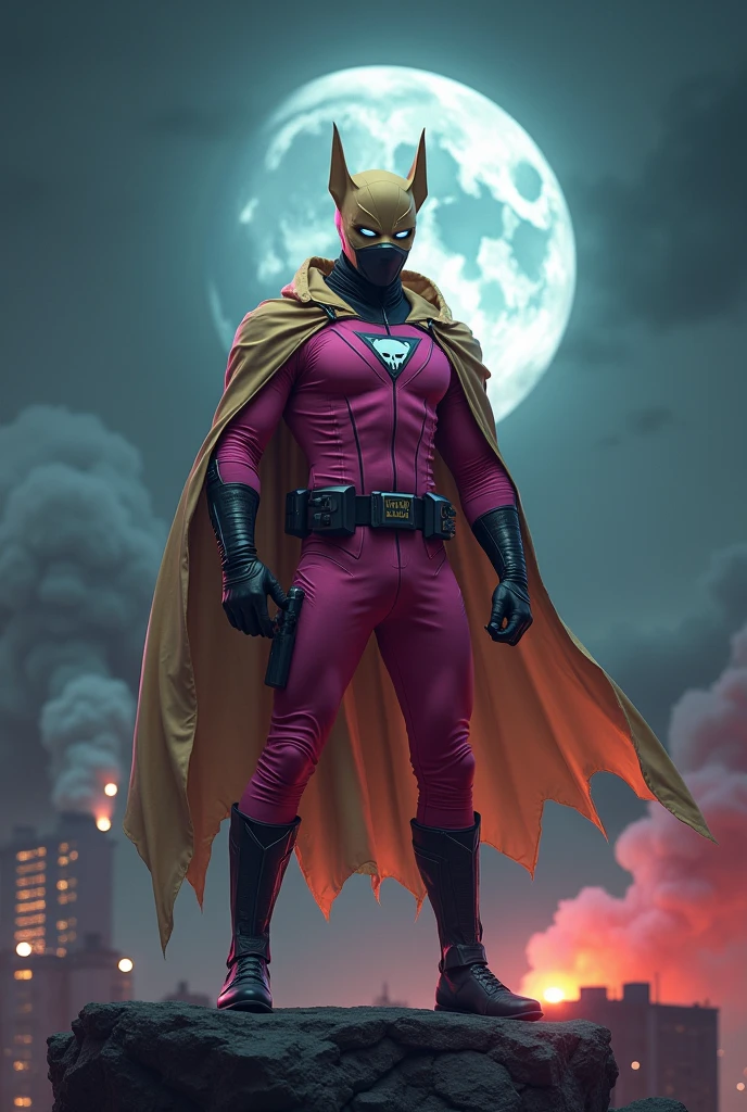 high-tech suit, vivid effects, malaysian superhero (KELUANG MAN) in a striking pink and beige costume cyberpunk design, mask small mini bat ear beige, daredevil biage mask, jumpsuit dark pink stands confidently in a dramatic, stormy landscape. ((Head covered node guard like batman , athletic body type, small mini ear bat mask))The character wears domino mask a helmet with pointed mini torn ears and a flowing cape biege, open nose and mouth. Equipped with visible futuristic weapons on a belt,bullet proof jacket pink dark day, dark night, big supermoon effect .logo on chest triangle shape small punisher logo center triangle cyber logo center on chest pink logo mini logo . rocky. Building top.smoke ground , bomb effect background, adding to --ar 3:4 --style raw --stylize 500 --v 6.1
