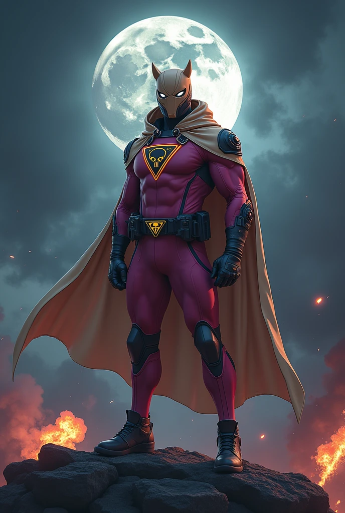 high-tech suit, vivid effects, malaysian superhero (KELUANG MAN) in a striking pink and beige costume cyberpunk design, mask small mini bat ear beige, daredevil biage mask, jumpsuit dark pink stands confidently in a dramatic, stormy landscape. ((Head covered node guard like batman , athletic body type, small mini ear bat mask))The character wears domino mask a helmet with pointed mini torn ears and a flowing cape biege, open nose and mouth. Equipped with visible futuristic weapons on a belt,bullet proof jacket pink dark day, dark night, big supermoon effect .logo on chest triangle shape small punisher logo center triangle cyber logo center on chest pink logo mini logo . rocky. Building top.smoke ground , bomb effect background, adding to --ar 3:4 --style raw --stylize 500 --v 6.1