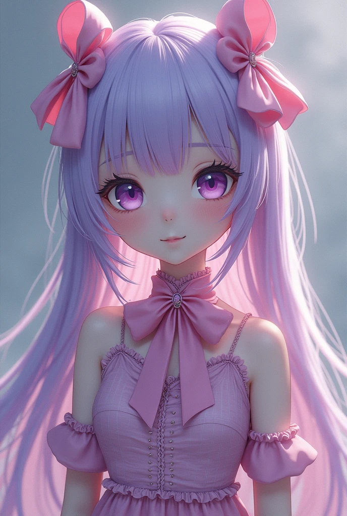 absurderes, hight resolution, (Anime style:1.1), ((masutepiece)), ((Best Quality)), (Ultra-detailed), (Beautiful),Beautiful face、(liftup),Long、azhiichigo style,Big eyes, dense lines, mixing pattern,Cute,1. goth, Pattern Expansion、Light purple hair、Cute Ribbon、purple one piece clothes、a purple eye、Background Simple、background grey、(((((1girl in、purple mine suit、Cute dress、dress with a big pink ribbon、dress with pink ribbon)))))(The upper part of the body、(((((One girl )))))、((((Lori、youngest son))))、Gosic、{{{{{gotik、The upper part of the body}}}}}{{{{{{{{{{The upper part of the body}}}}}}}}}}{{{magia}}}, ({{{{{Background Simple、fluffy hair}}}}})medium format film camera, Naturally blurred background,Fantasia nude